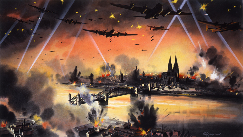 Period painting of a night raid on Cologne