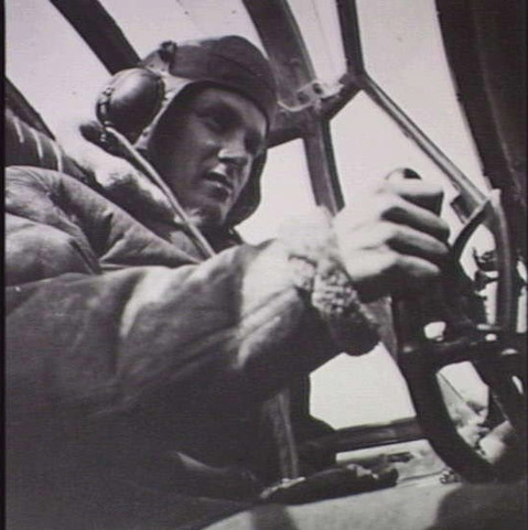 A Wellington pilot at the controls in flight