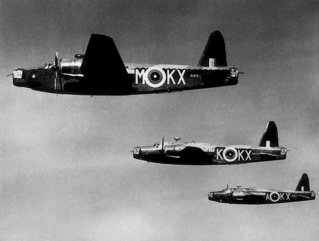 A formation of Vickers Wellington bombers of No. 311 Squadron in flight